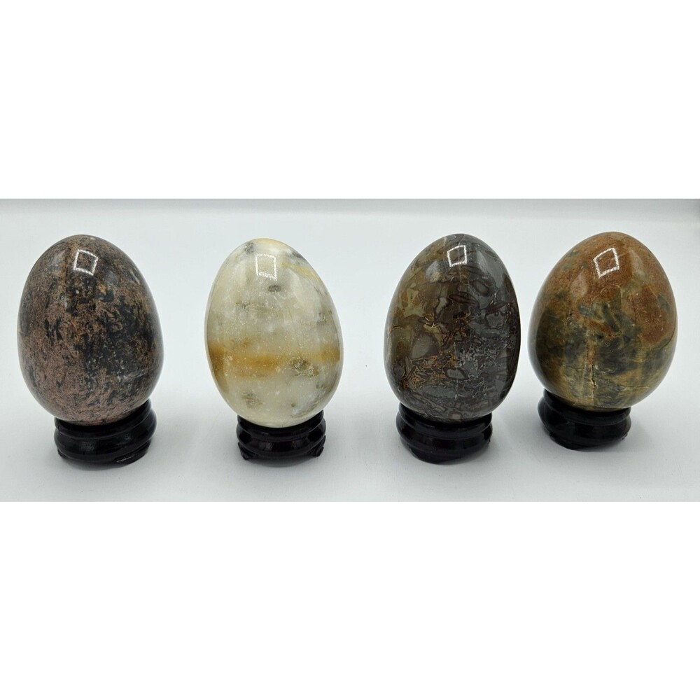 Lot Of 4 Carved Marble Stone Eggs With Wooden Stands